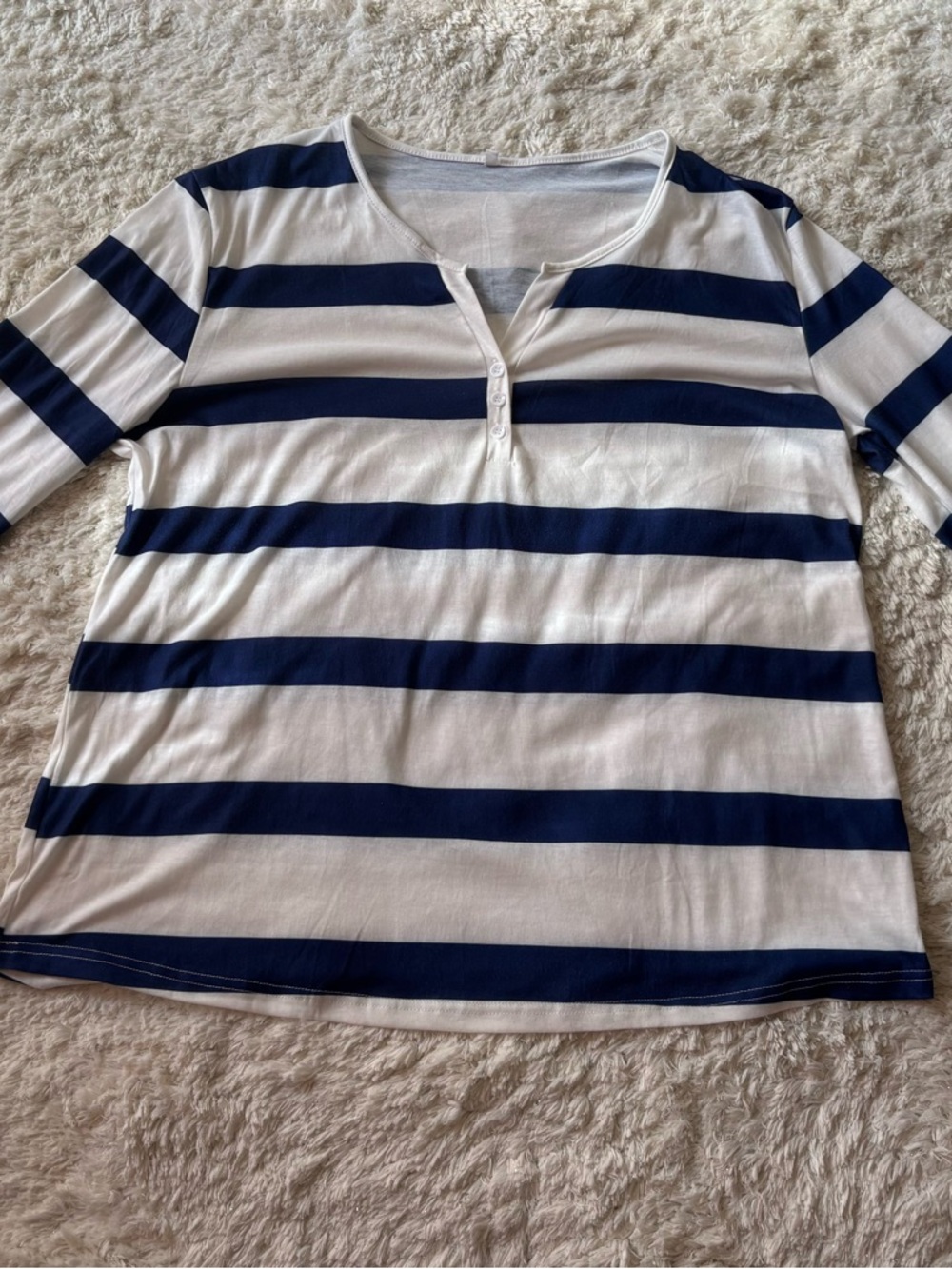 (XXL) Navy and White Striped 3/4 length sleeve Henley Top